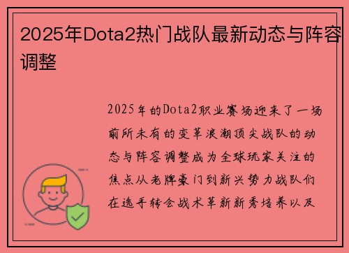 2025年Dota2热门战队最新动态与阵容调整