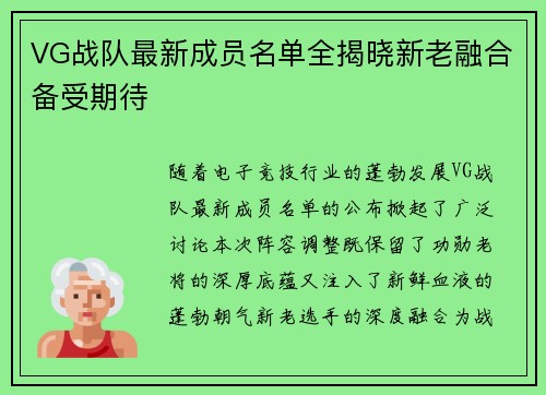 VG战队最新成员名单全揭晓新老融合备受期待