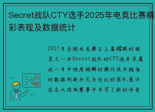 Secret战队CTY选手2025年电竞比赛精彩表现及数据统计