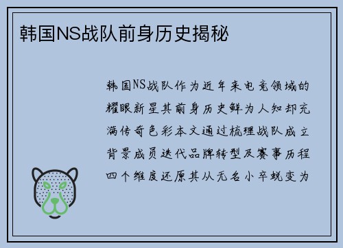 韩国NS战队前身历史揭秘